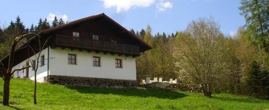 a white house with a brown roof on a green field at Luxuschalet - altes Bauernhaus mit private Spa in Regen