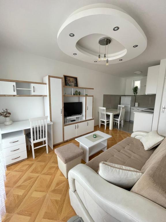 Apartman Dragovic في Kuršumlija: غرفة معيشة مع أريكة وطاولة