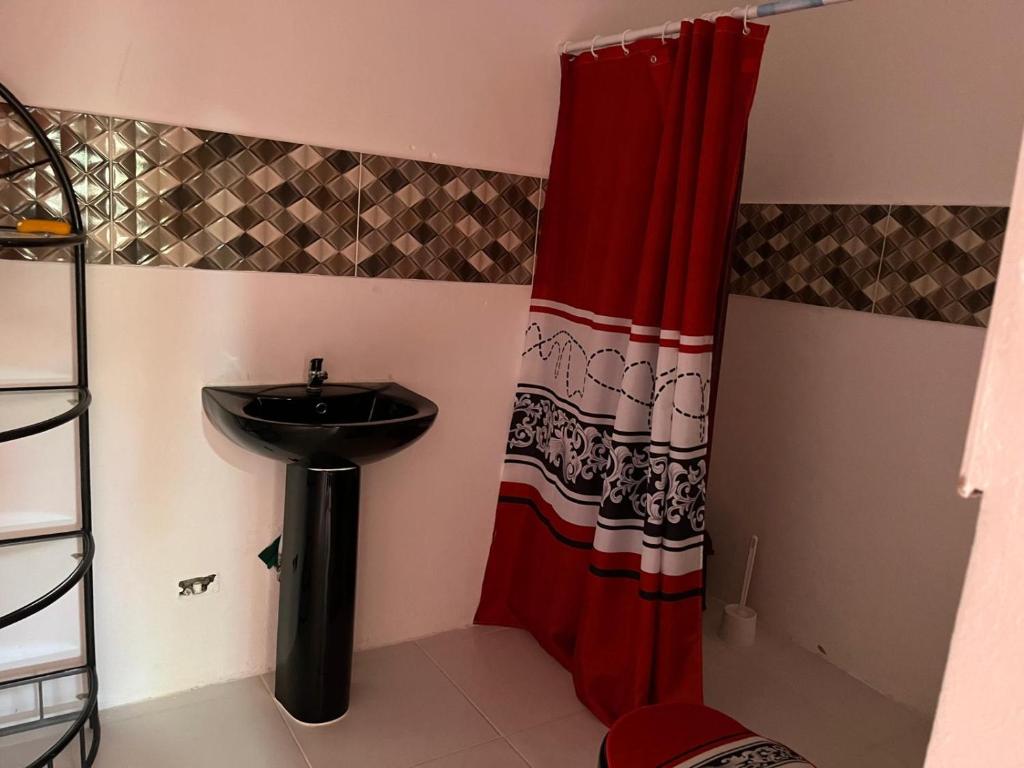 a bathroom with a sink and a red shower curtain at Apartamento Carmen in Santa Cruz de Barahona