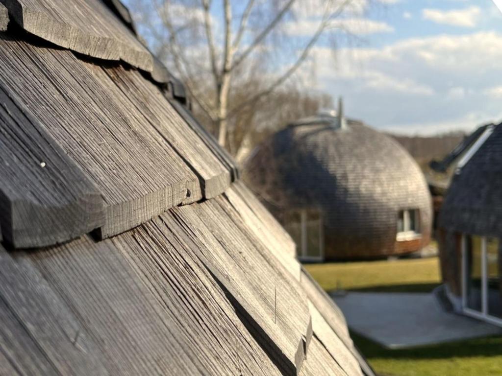 un primer plano de un techo de madera de una casa en Nordkugel - Kugelhaus am See en Penzlin