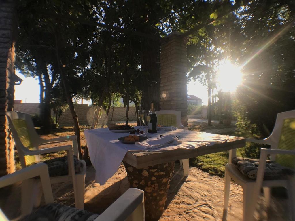 Strandnahes, kleines Ferienhaus mit schattiger Terrasse und Gartennutzung, ruhig gelegen in der Nähe von Zadar في بيبينيا: طاولة وكراسي مع الشمس مشرقة من خلال الأشجار