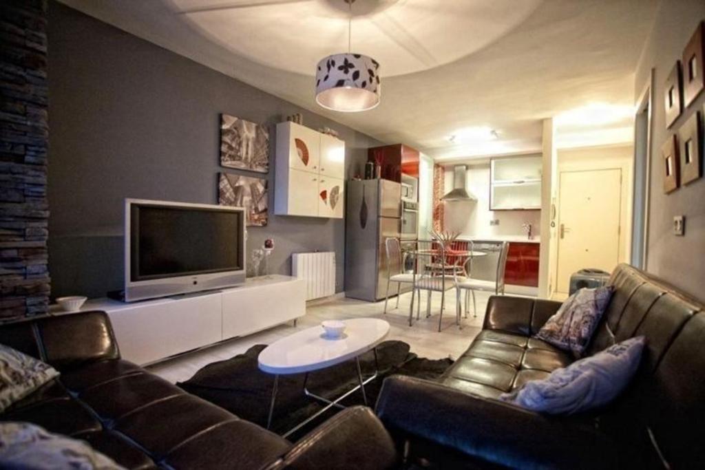 ein Wohnzimmer mit einem Sofa und einem TV in der Unterkunft Ferienwohnung für 4 Personen ca 45 m in Santiago de Compostela, Galicien Binnenland von Galicien in Santiago de Compostela