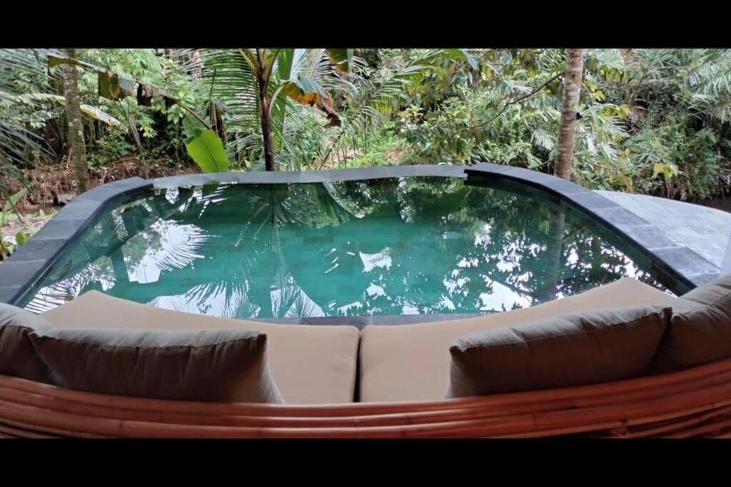a swimming pool with a couch in front of it at Eco Bamboo Island Bali - Bamboo House #4 in Selat
