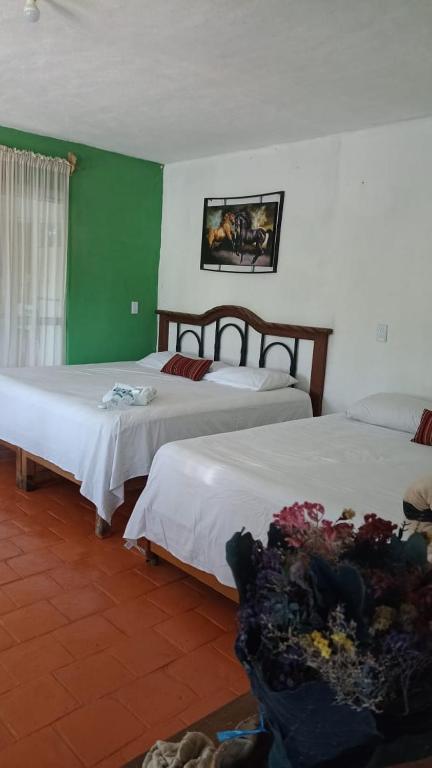 a bedroom with two beds and a green wall at Paraíso Verde in Tambaca