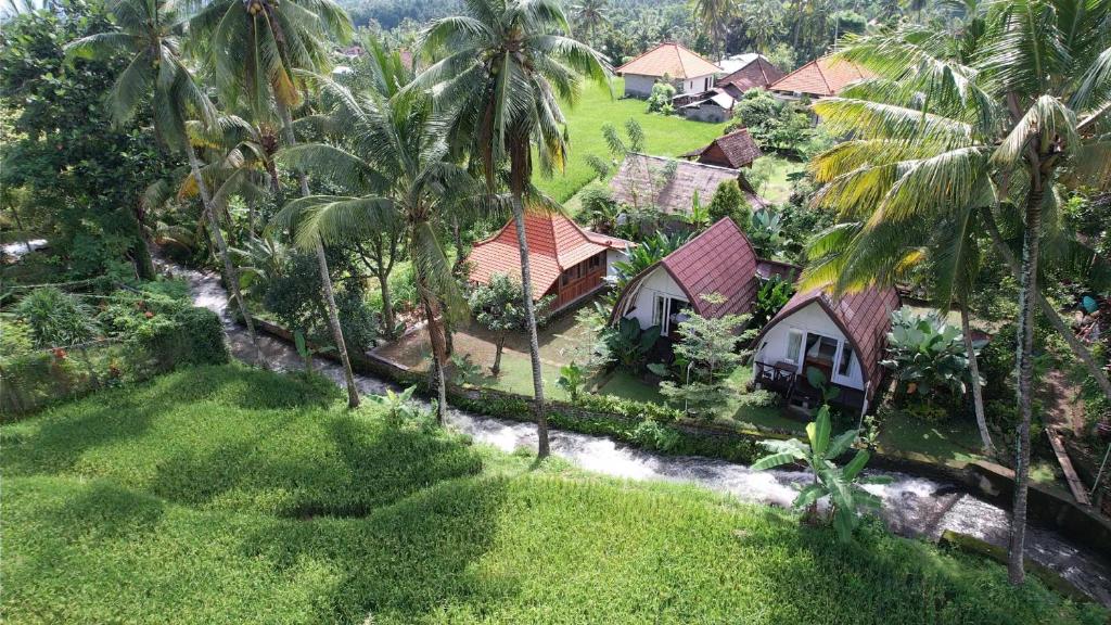 an aerial view of a resort with palm trees at Damuh Pertivi in Lovina