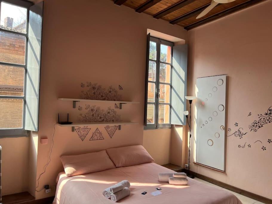 um quarto com uma cama num quarto com janelas em Minimal Studio con travi a vista em Piacenza