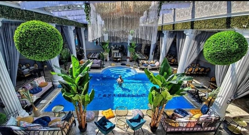 a pool in a building with plants and a person in it at Portobella Boutique Hotel Adults Only in Mamaia Sat/Năvodari