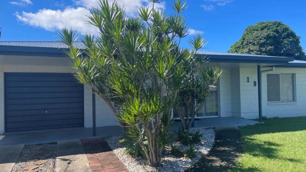 a palm tree in front of a house at Lowset home with attached Granny Flat - Doomba Dr, Bongaree in Bongaree