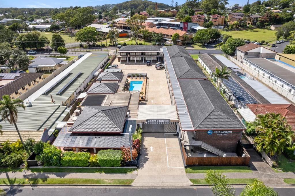 an aerial view of a house with roofs at Zebra Motel in Coffs Harbour