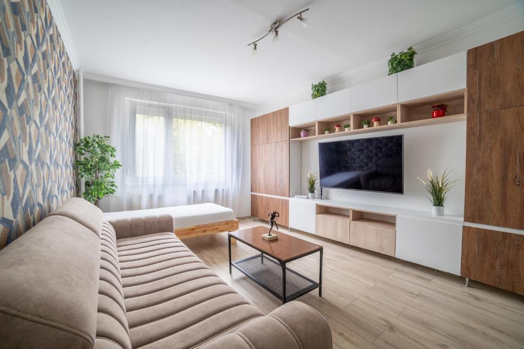 uma sala de estar com um sofá e uma televisão em Comfort 28 B em Miskolc