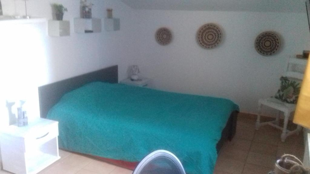 1 dormitorio con 1 cama con manta verde en Maison avec piscine à Aigues Mortes, en Le Grau-du-Roi
