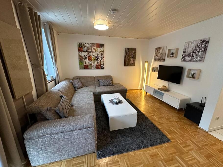 ein Wohnzimmer mit einem Sofa und einem TV in der Unterkunft Günstige Wohnung mit Terrasse im Ferienpark in Falkenstein
