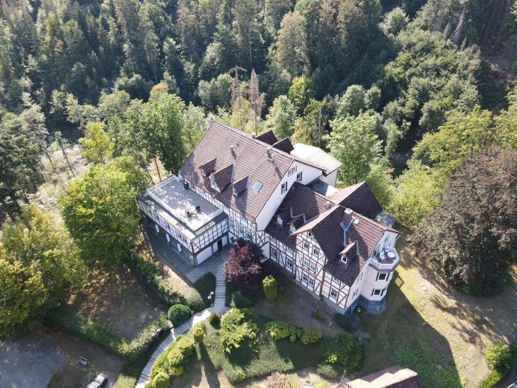 una vista sul soffitto di una grande casa nel bosco di Die Käuzchenkuhle a Bad Sachsa