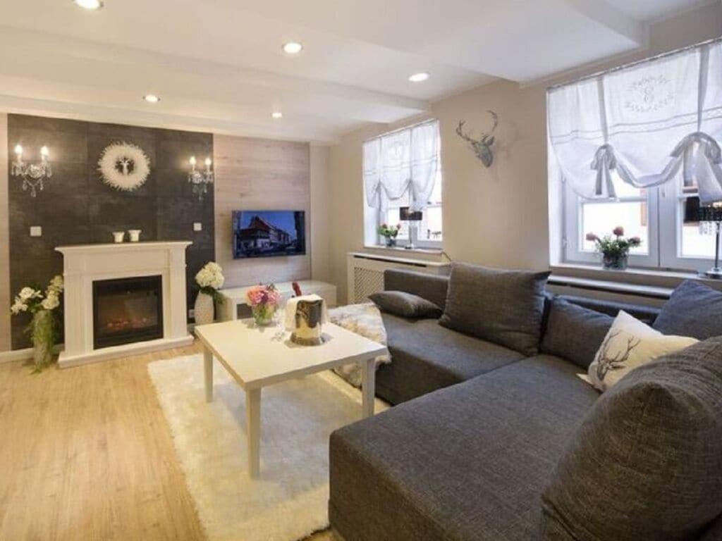a living room with a couch and a fireplace at Holiday apartment Family Lodge in Wernigerode
