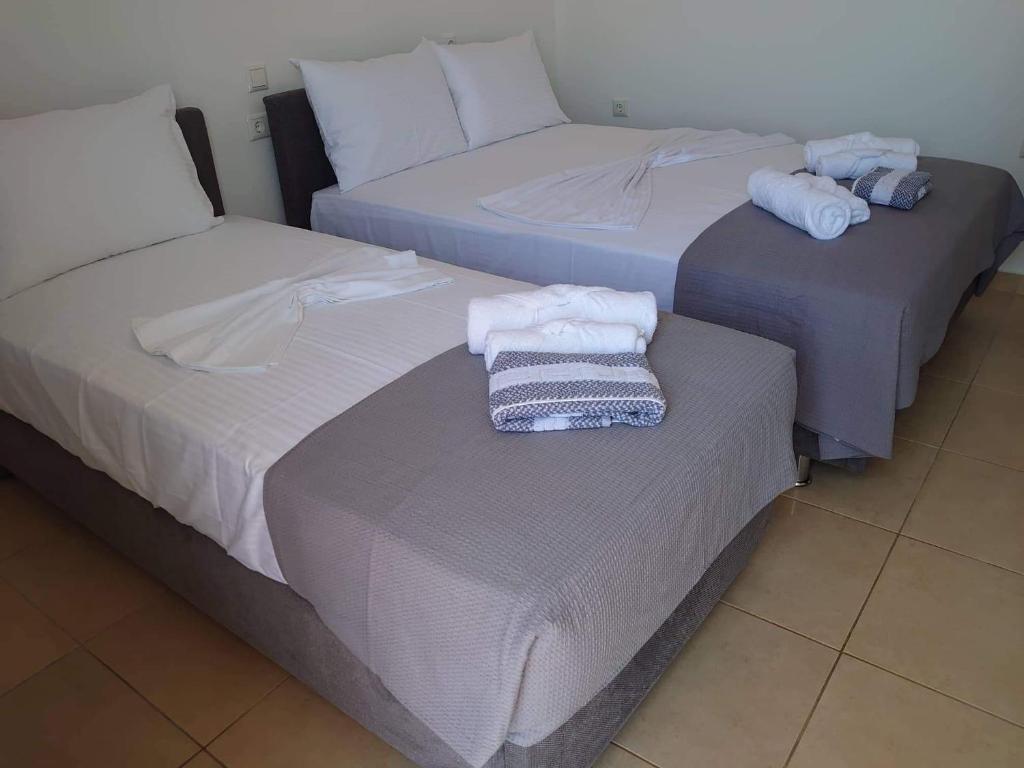 two beds sitting next to each other in a room at Akrotiri rooms in Nea Mesangala