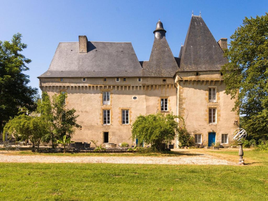 stary zamek z dachem na trawniku w obiekcie Romantic stay in a medieval castle with pool and restaurant among others w mieście Chaleix