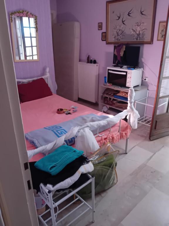 a bedroom with a bed and a tv and a mirror at Μαρια in Agia Marina Aegina