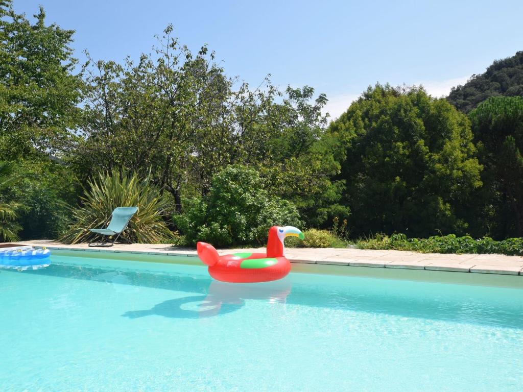 a red float in a swimming pool at Lovely house with grass garden shared swimmingpool next to the river Ard che in Lalevade-dʼArdèche