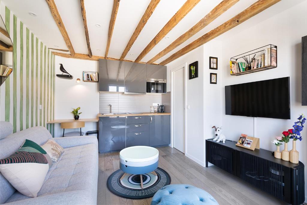 een woonkamer met een bank en een tv bij Charmant studio tout confort in Parijs