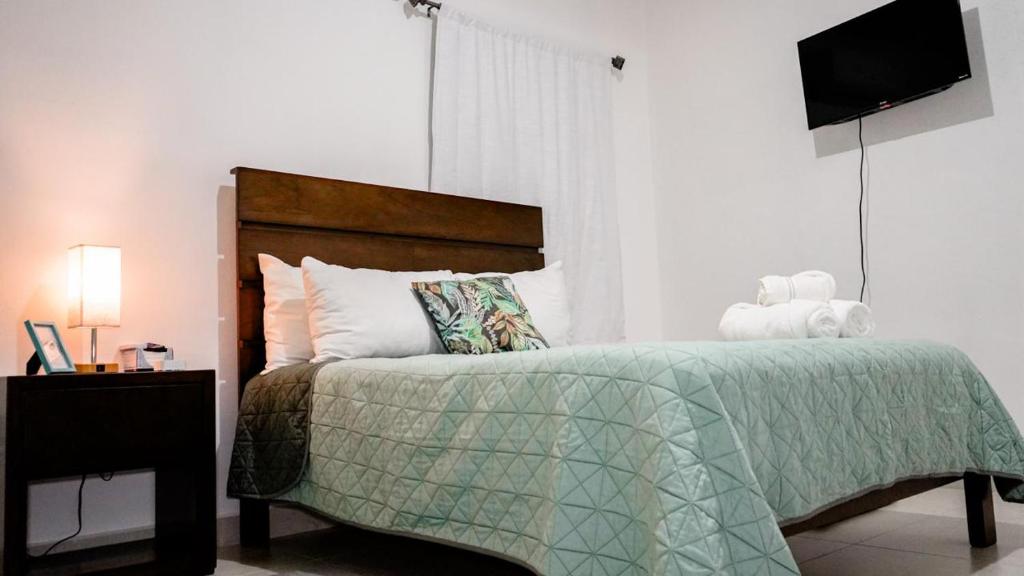 - une chambre avec un lit doté d'une couette verte et d'une télévision dans l'établissement Casa del sol, à San José del Cabo