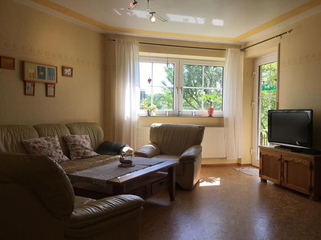 ein Wohnzimmer mit einem Sofa, einem Tisch und einem TV in der Unterkunft Holiday apartment Haus Kirsch in Hilders
