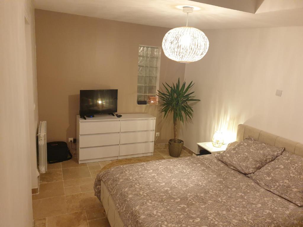 Schlafzimmer mit einem Bett, einem TV und einem Kronleuchter in der Unterkunft The Cosy Holiday House - au calme avec jardin in Lisses