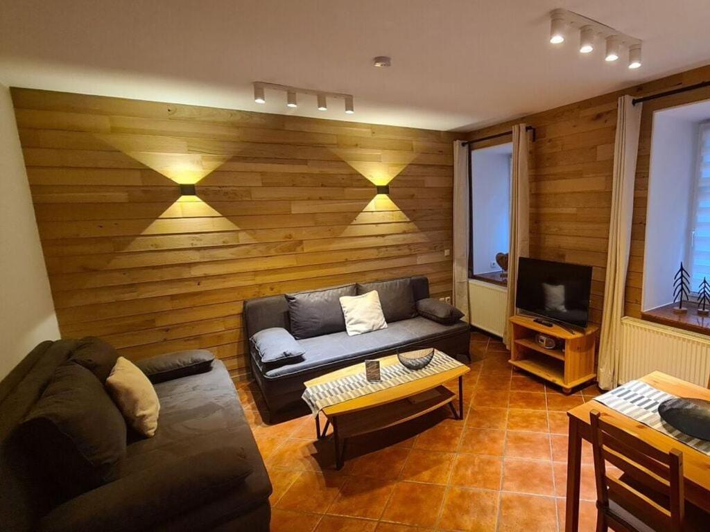 een woonkamer met een bank en een tv bij Holiday apartment in Annaberg-Buchholz