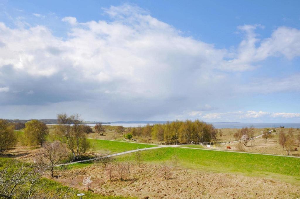 Appartements im Ferien- und Freizeitpark Weissenhäuser Strand في فيسنهاوسر ستراند: حقل أخضر مع طريق في المسافة