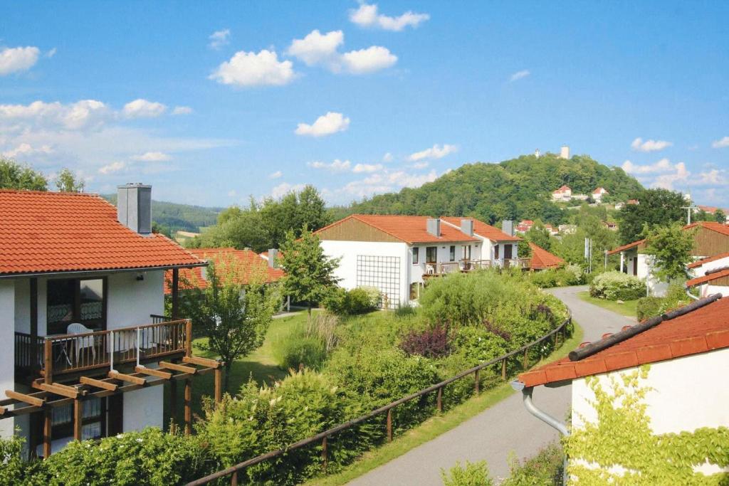widok na wioskę z domami i drogą w obiekcie Ferienwohnung im Ferienpark Falkenstein w mieście Falkenstein