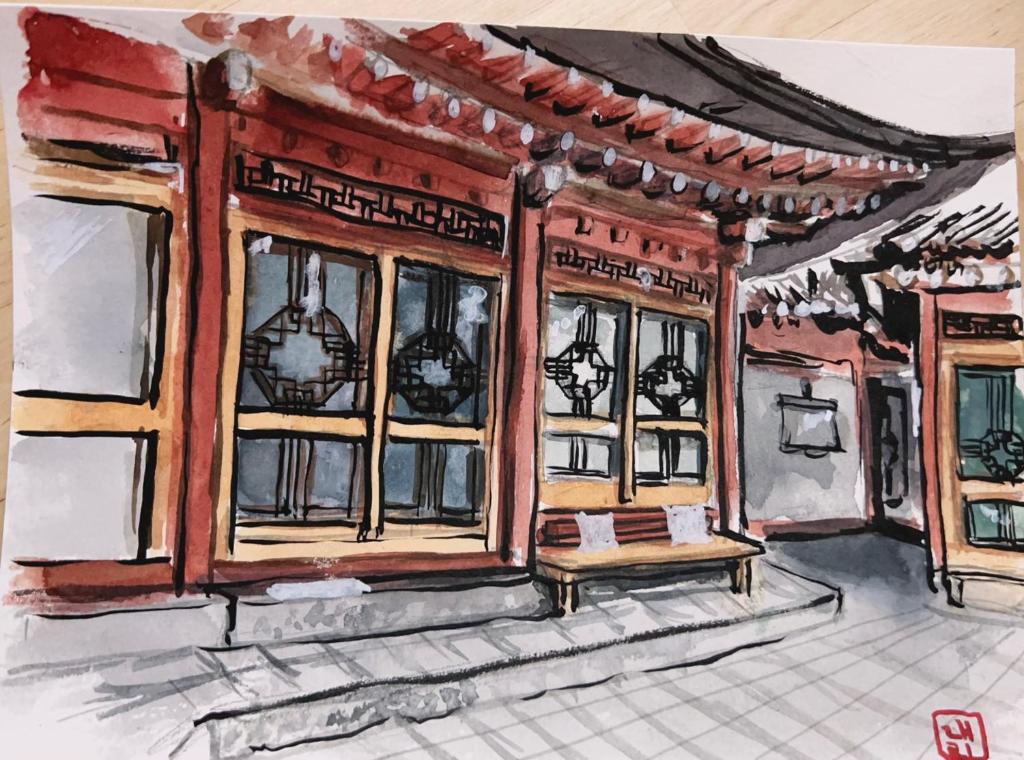 a drawing of a building with a bench and windows at Hanok Guesthouse Suni in Seoul