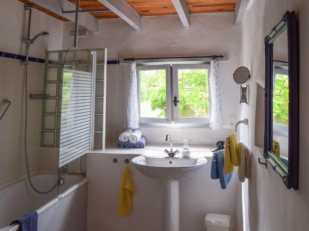 a bathroom with a sink and a shower and a window at Snug cottage in Saint Eutrope De Born with pool in Saint-Eutrope-de-Born