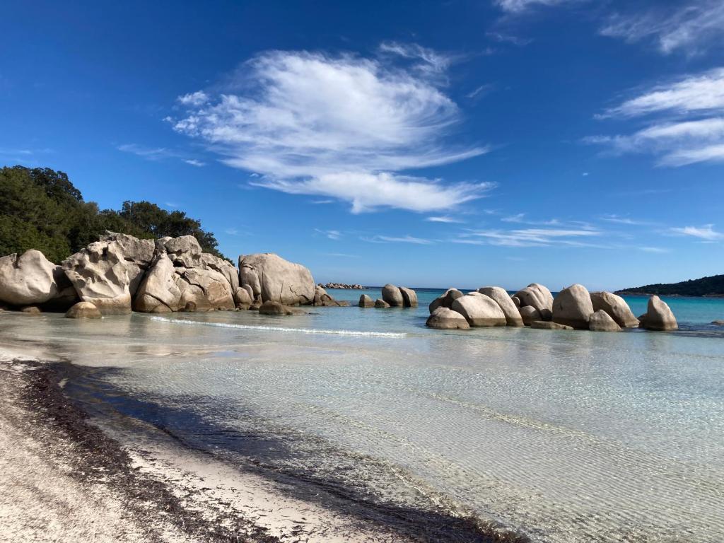a beach with large rocks in the water at Appartement 2 chambres, mezzanine et piscine in Porto-Vecchio