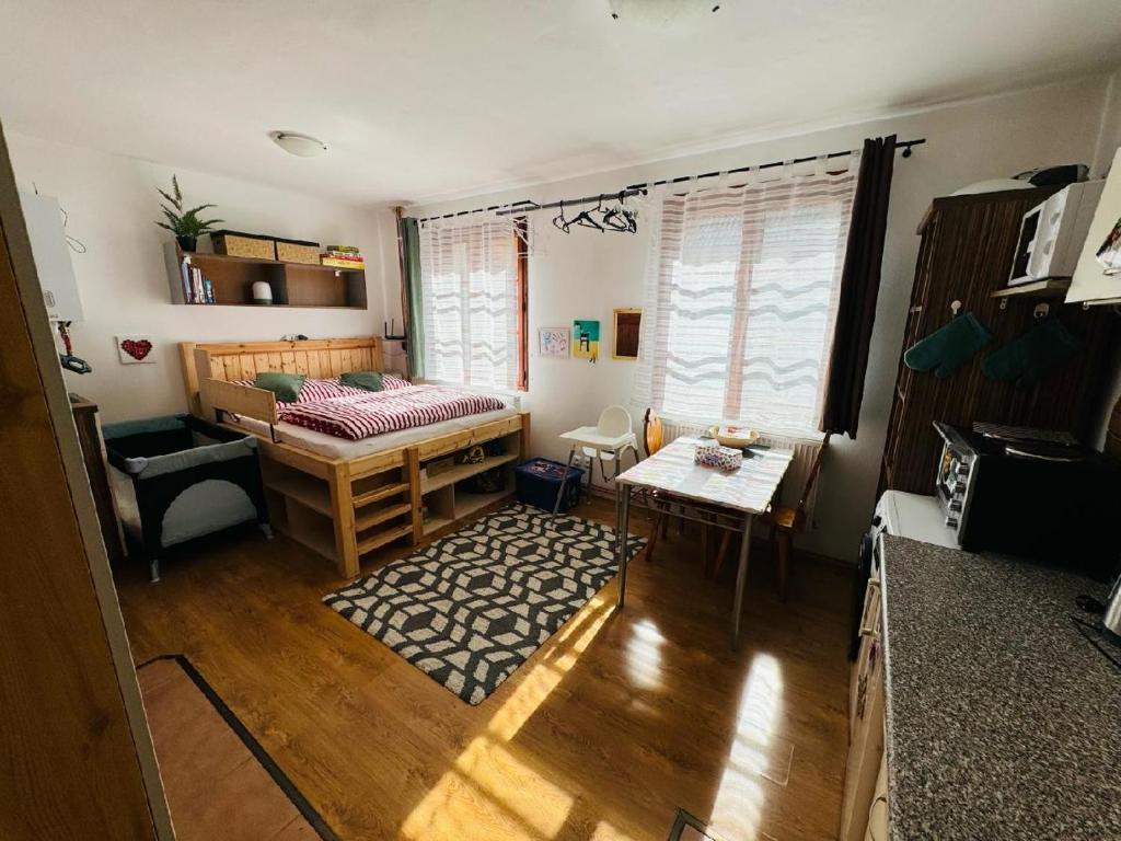 Łóżko lub łóżka w pokoju w obiekcie Apartmány Srub Jenišov