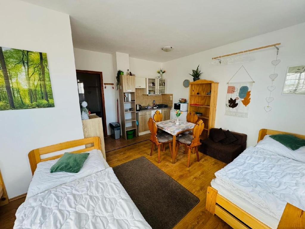 Łóżko lub łóżka w pokoju w obiekcie Apartmány Srub Jenišov