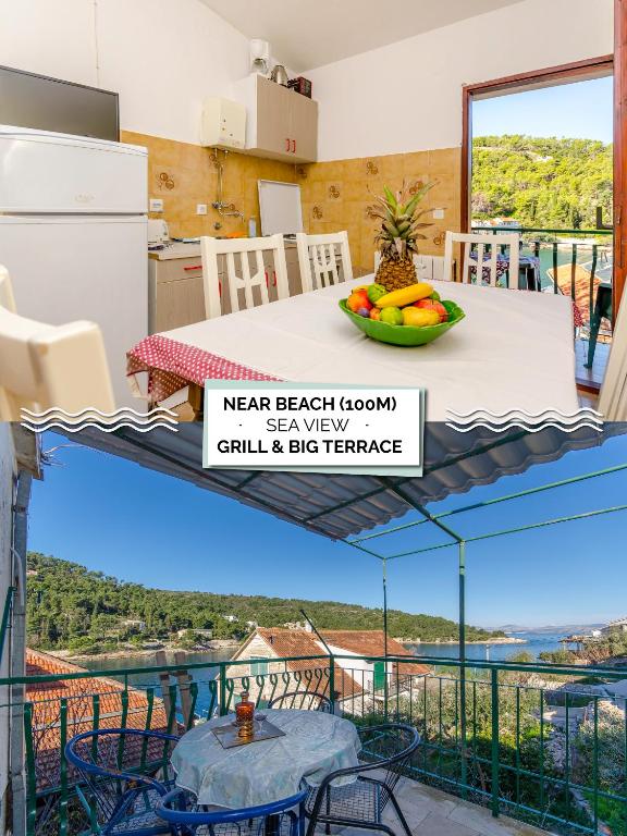 a kitchen and a balcony with a table and chairs at Apartments Lorena in Stomorska
