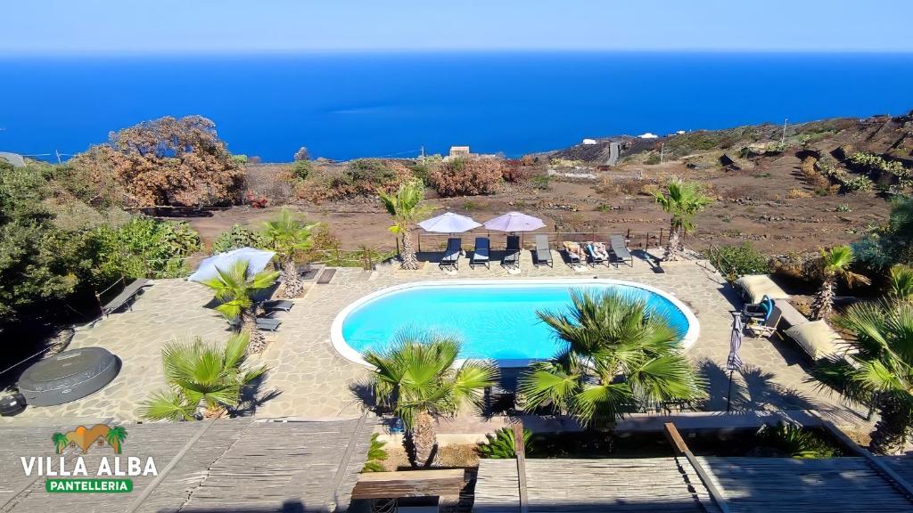 an overhead view of a swimming pool with palm trees at Villa Alba Appartamenti in Kamma