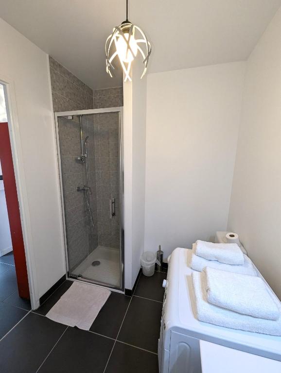 a bathroom with a shower and a bed with towels at Le Verdure YourHostHelper in Bayonne