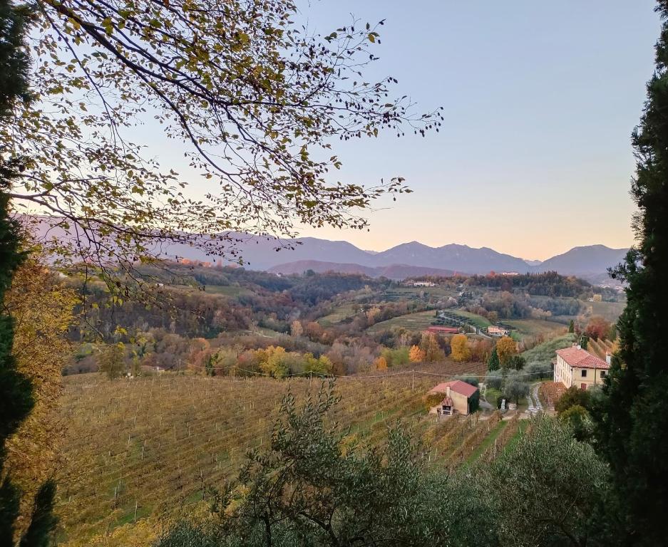 Blick auf ein Tal mit einem Haus auf einem Hügel in der Unterkunft La taverna di Anna in San Pietro di Feletto