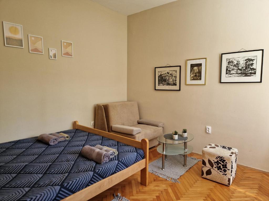 ein Schlafzimmer mit einem Bett, einem Stuhl und einem Tisch in der Unterkunft Apartman Merkur in Vrnjačka Banja
