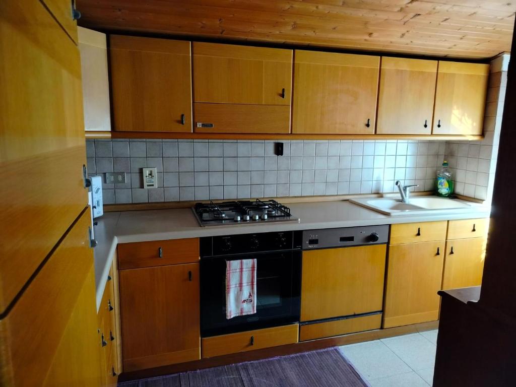 una cucina con armadi in legno e piano cottura. di Belvedere a Levico Terme