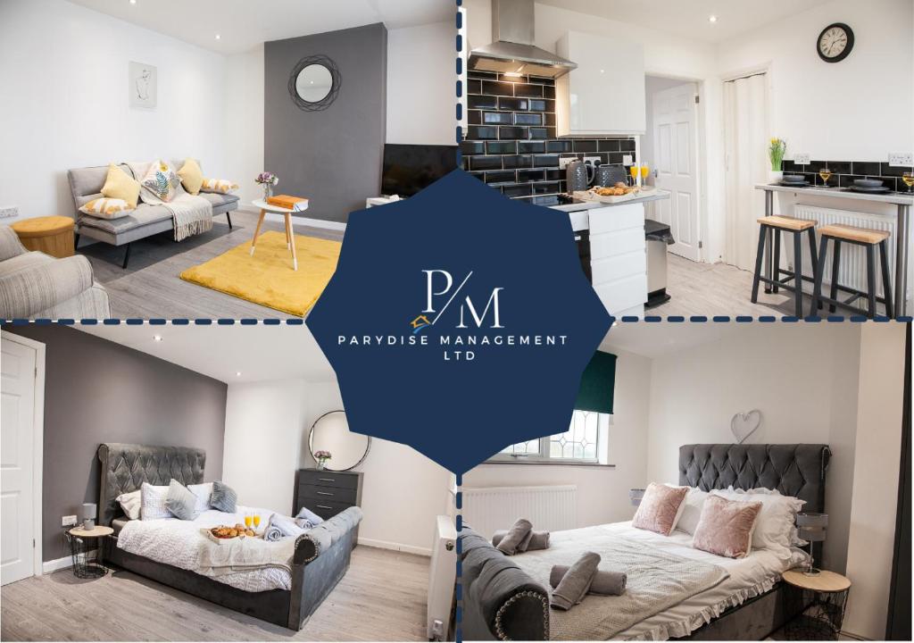 a collage of photos of a living room and a kitchen at The Knutton House - By Parydise Properties - Perfect for Leisure or Business Stays- Sleeps up to 7 - Stoke on Trent in Newcastle under Lyme