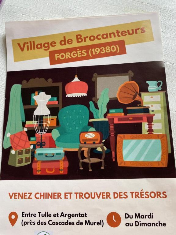 a flyer for a furniture show with illustrations of a room at Gîte Maison Maitri in Forgès