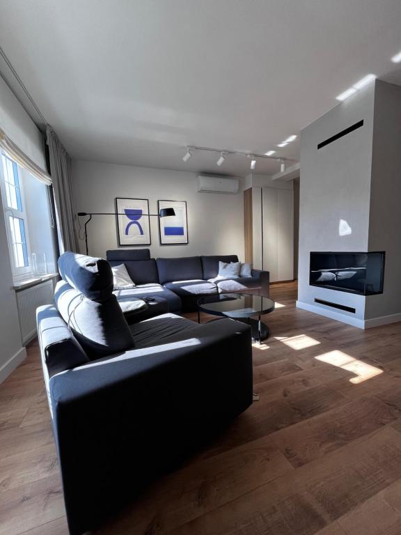 uma sala de estar com um sofá preto e uma televisão em Grand Apartment - Old Town & City Center em Gdansk