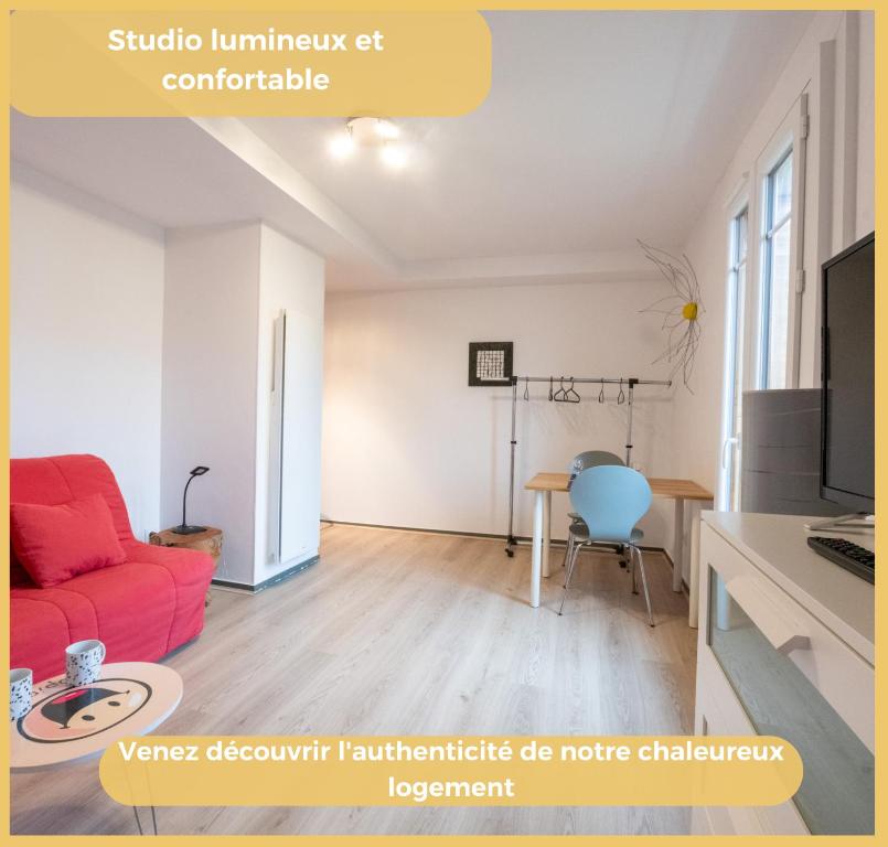 uma sala de estar com um sofá vermelho e uma mesa em Le Studio de la Plage - 1er - Proche Évian em Publier