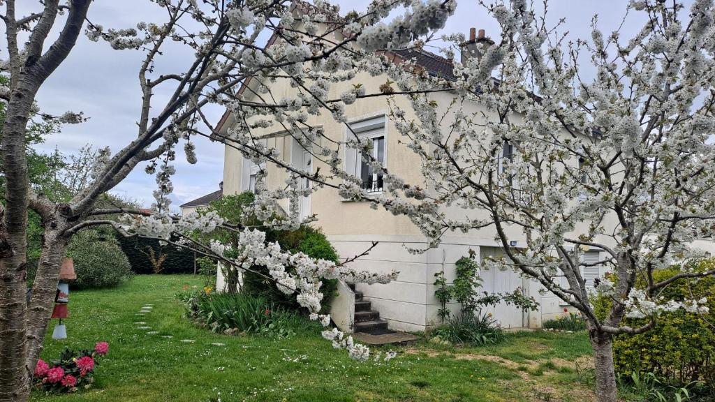 a house with a flowering tree in the yard at Studio Volta Garden in Tours