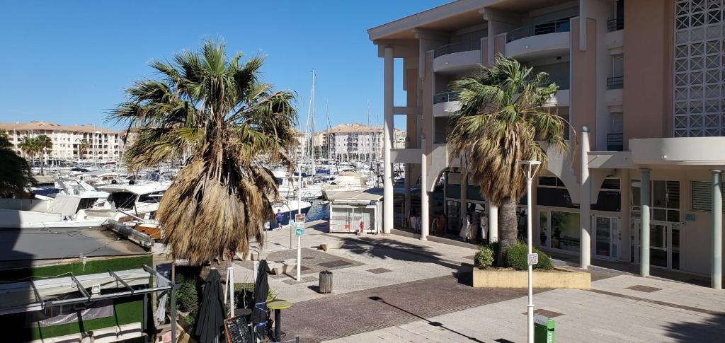 deux palmiers en face d'un bâtiment avec port de plaisance dans l'établissement LE NADIR GRAND T2 51m2, 4-5p, Parking, à Fréjus