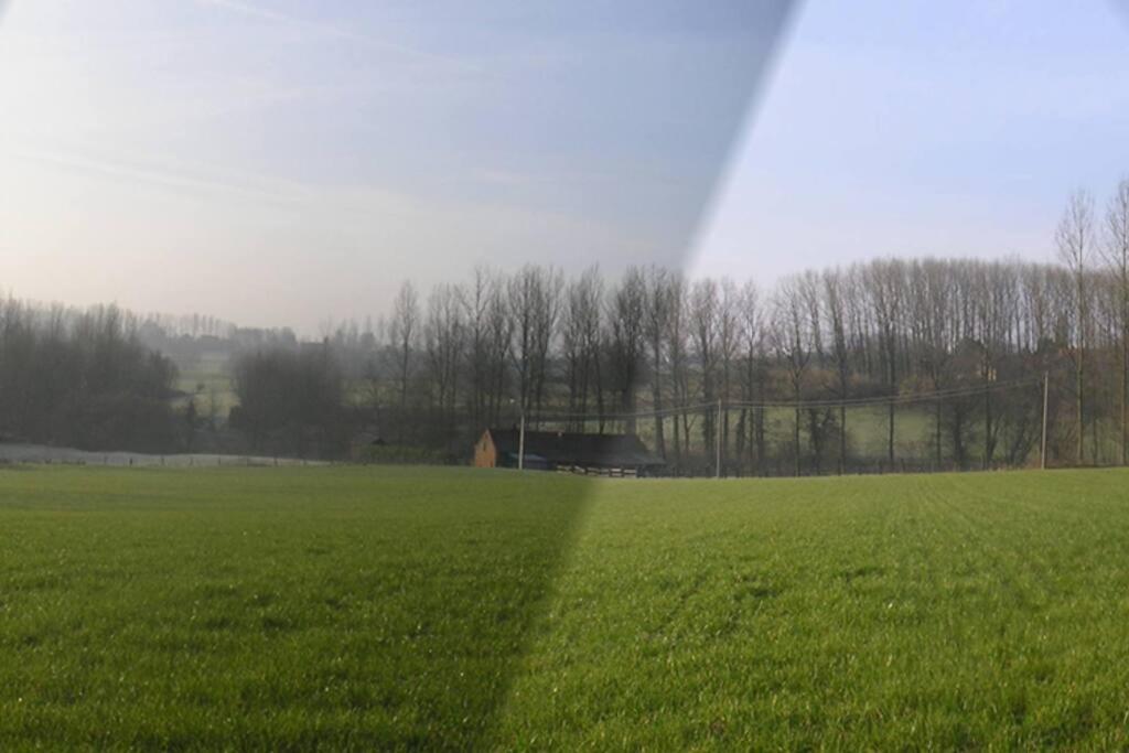 a rainbow in the middle of a green field at Familie &amp; Vriendenwoning met fantastisch uitzicht in Ellezelles