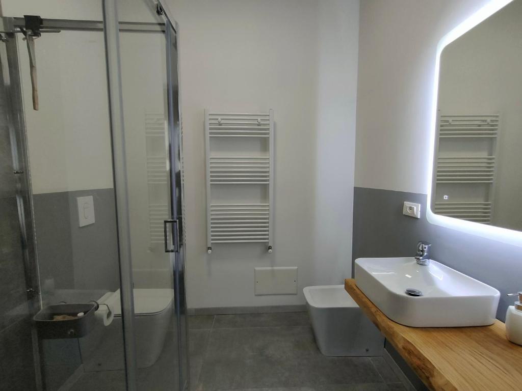 a bathroom with a sink and a glass shower at Zeljko's luxury hostel in Vicenza
