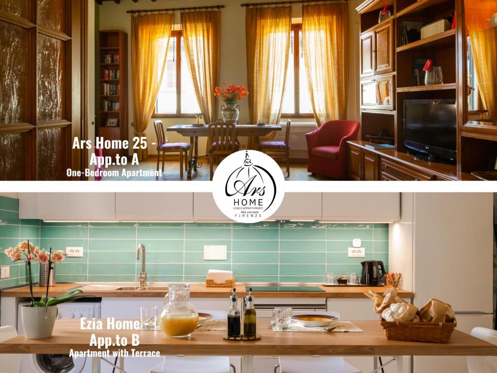 a kitchen and a living room with a counter top at Ars Home - Santa Maria Novella - Ezia Home & Ars Home 25 in Florence