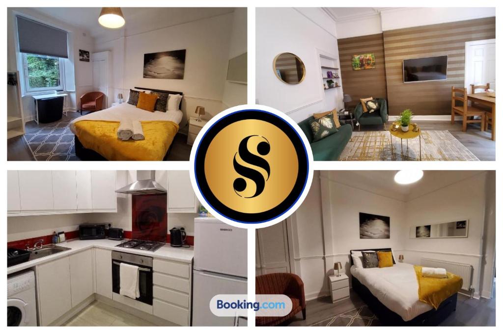 エディンバラにあるLeith Spectacular Apartment By Sensational Stay Short Lets & Serviced Accommodation With 6 Separate Beds & 2 Bathsのホテル部屋三枚のコラージュ